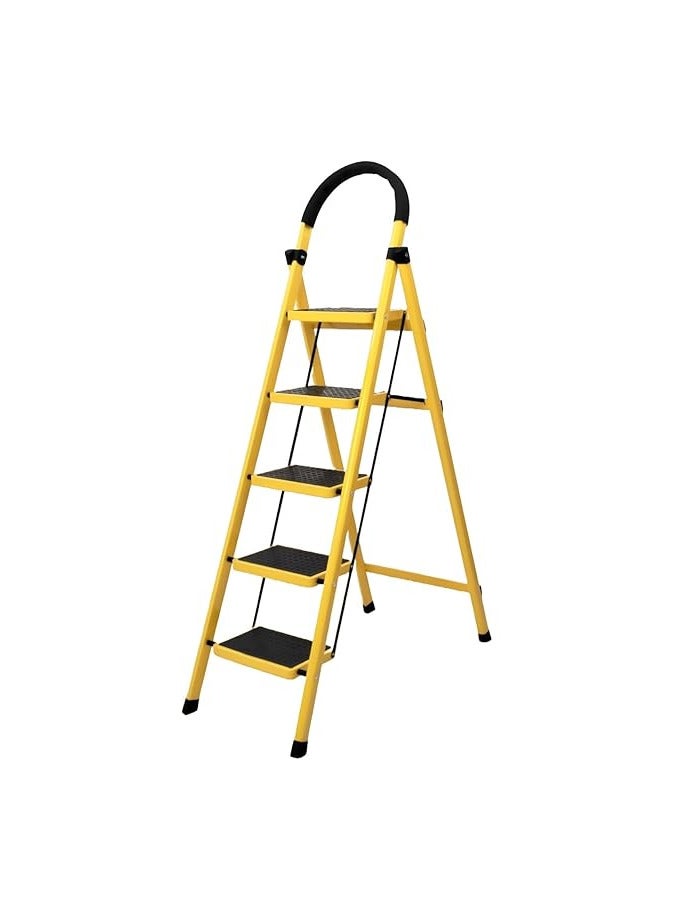 AL QADAH Step Ladder 5 Step Foldable Metal Yellow 165x46cm Anti Slip Wide Pedals Safety Lock Tool Tray Compact Utility Ladder for Home Kitchen Office Use  - Image 1