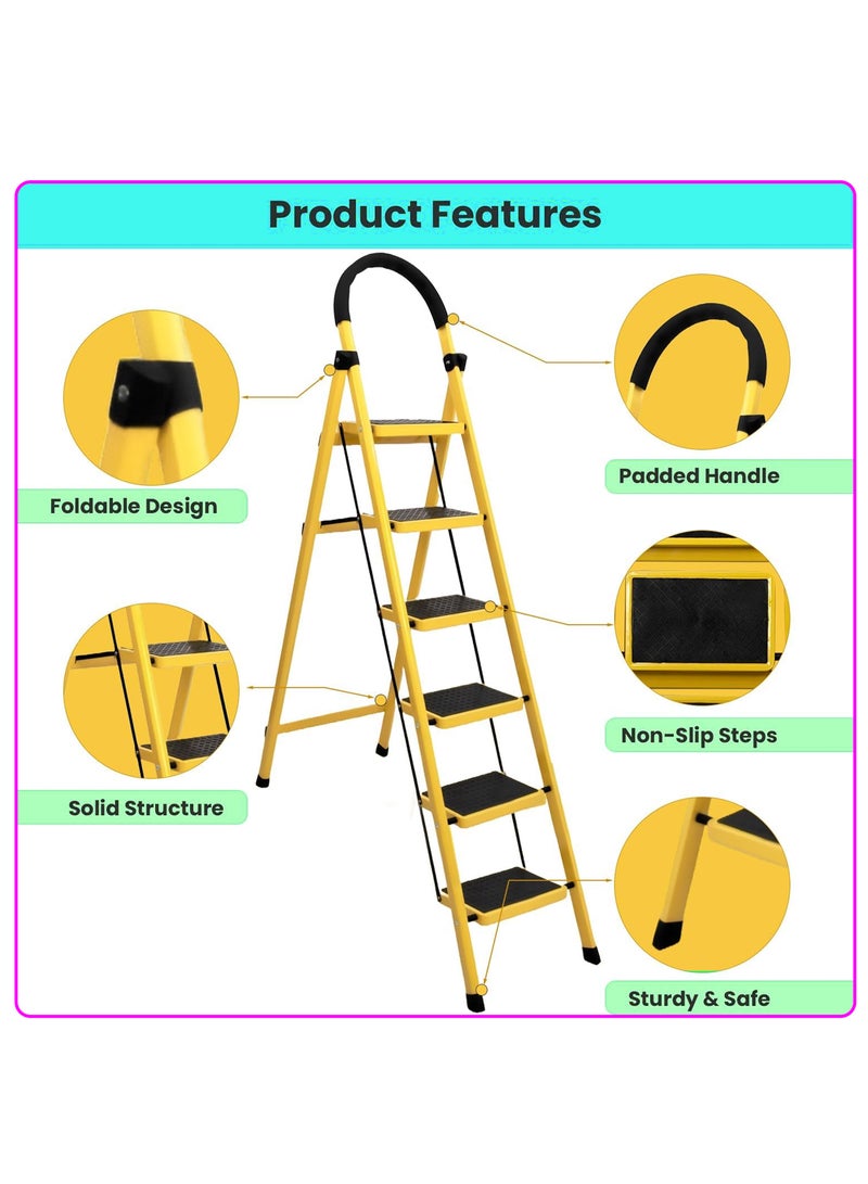 AL QADAH Step Ladder 5 Step Foldable Metal Yellow 165x46cm Anti Slip Wide Pedals Safety Lock Tool Tray Compact Utility Ladder for Home Kitchen Office Use  - Image 2