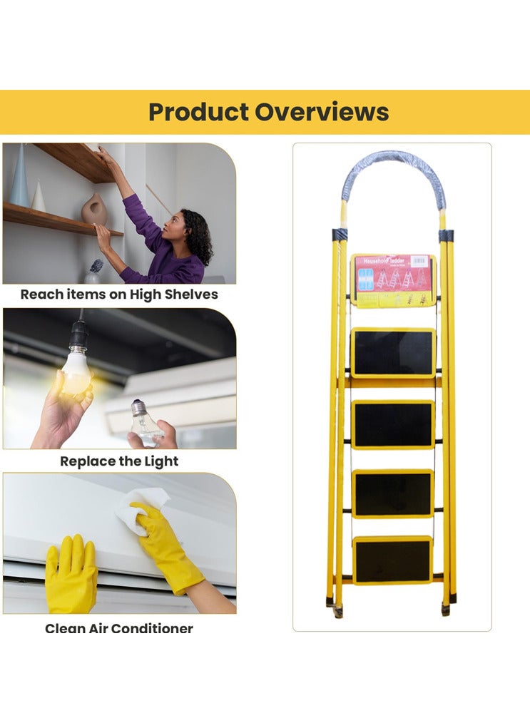 AL QADAH Step Ladder 5 Step Foldable Metal Yellow 165x46cm Anti Slip Wide Pedals Safety Lock Tool Tray Compact Utility Ladder for Home Kitchen Office Use  - Image 5