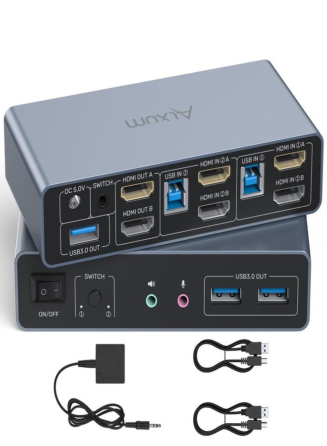 ألكسوم مفتاح Alxum ثنائي المنافذ HDMI KVM مع منافذ صوت وميكروفون - يدعم مشاركة شاشتين على جهازَي كمبيوتر، مع خاصية التبديل بين الوضعين، يدعم وضع النسخ أو الوضع الموسّع، يدعم دقة 4K بمعدل 60 هرتز، مزود بـ 3 منافذ USB-A بسرعة 5 جيجابت في الثانية، يتضمن وحدة تحكم سطح المكتب وكابلين USB. - Image 1