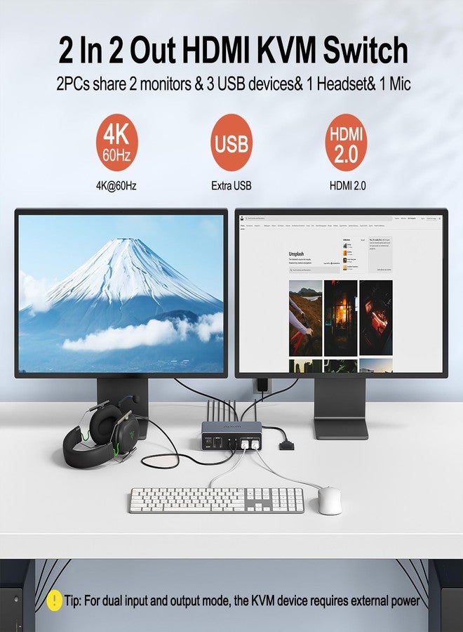 ألكسوم مفتاح Alxum ثنائي المنافذ HDMI KVM مع منافذ صوت وميكروفون - يدعم مشاركة شاشتين على جهازَي كمبيوتر، مع خاصية التبديل بين الوضعين، يدعم وضع النسخ أو الوضع الموسّع، يدعم دقة 4K بمعدل 60 هرتز، مزود بـ 3 منافذ USB-A بسرعة 5 جيجابت في الثانية، يتضمن وحدة تحكم سطح المكتب وكابلين USB. - Image 3