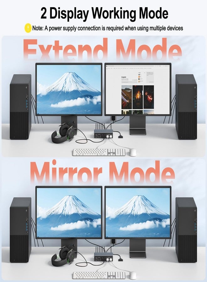 ألكسوم مفتاح Alxum ثنائي المنافذ HDMI KVM مع منافذ صوت وميكروفون - يدعم مشاركة شاشتين على جهازَي كمبيوتر، مع خاصية التبديل بين الوضعين، يدعم وضع النسخ أو الوضع الموسّع، يدعم دقة 4K بمعدل 60 هرتز، مزود بـ 3 منافذ USB-A بسرعة 5 جيجابت في الثانية، يتضمن وحدة تحكم سطح المكتب وكابلين USB. - Image 5
