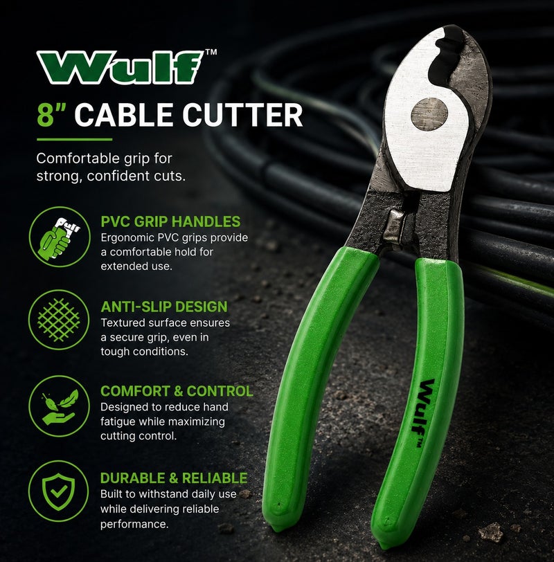 WULF 8 Inch Cable Cutter Heavy Duty Wire Cutting Plier 200mm with Heat Treated Carbon Steel Blades, Non Slip PVC Grip Handle for Electrical Cable, Telecom Wire, Copper & Aluminum DIY Cutting Tool - Image 5