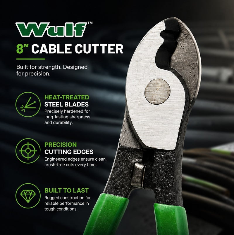 WULF 8 Inch Cable Cutter Heavy Duty Wire Cutting Plier 200mm with Heat Treated Carbon Steel Blades, Non Slip PVC Grip Handle for Electrical Cable, Telecom Wire, Copper & Aluminum DIY Cutting Tool - Image 4