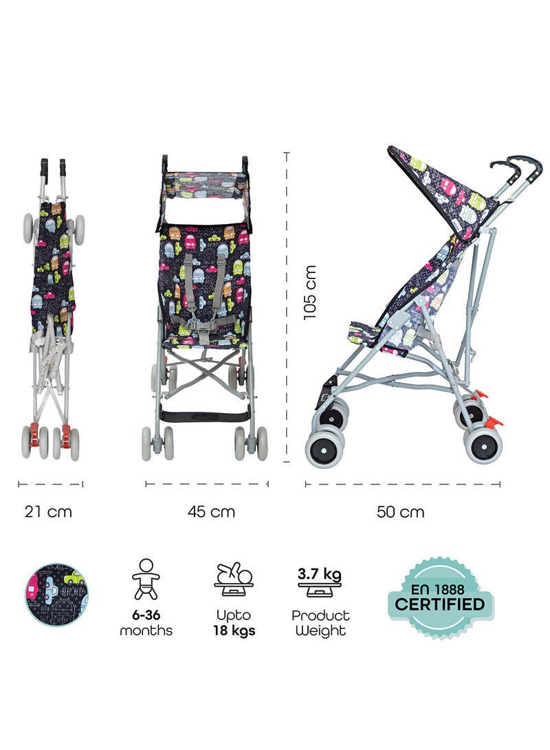 Moon Jet Baby Stroller – Lightest Buggy, Umbrella Fold, Wide Canopy, Compact for Travel, 6m to 3yrs (up to 15kg) – Printed Cars - Image 5