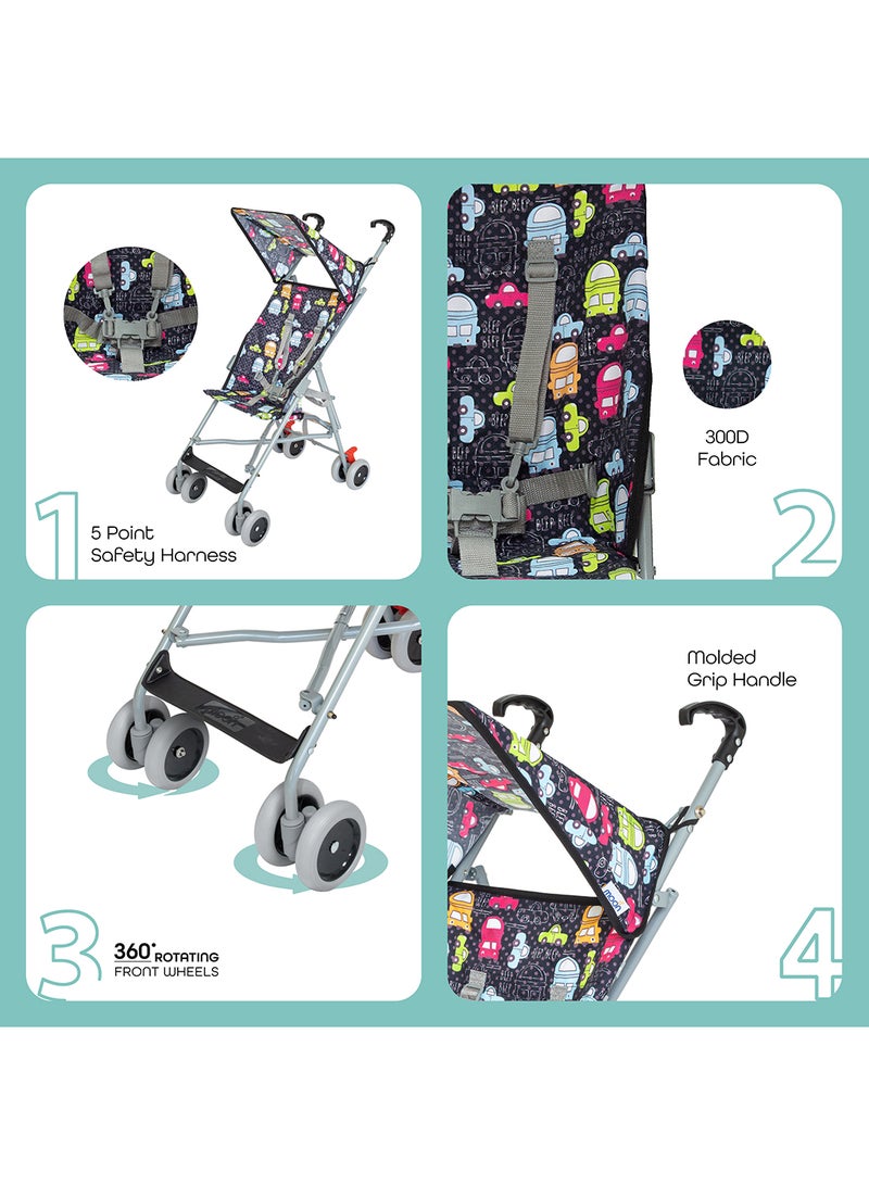 Moon Jet Baby Stroller – Lightest Buggy, Umbrella Fold, Wide Canopy, Compact for Travel, 6m to 3yrs (up to 15kg) – Printed Cars - Image 2