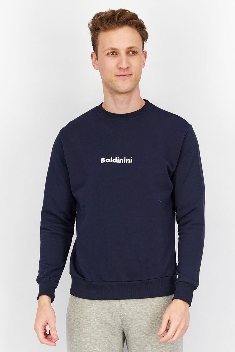 Baldinini Men Crew Neck Long Sleeve Brand Logo Sweatshirt, Navy - Image 1