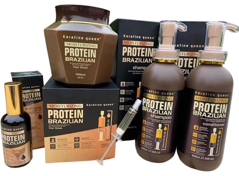 Keratine queen Moisturizing Protein Brazilian Professional Treatment for Repair, Nourishment & Beauty. SHAMPOO, CONDITIONER, Hair MASK and Hair SYRUM. Full Set 4 - Image 1