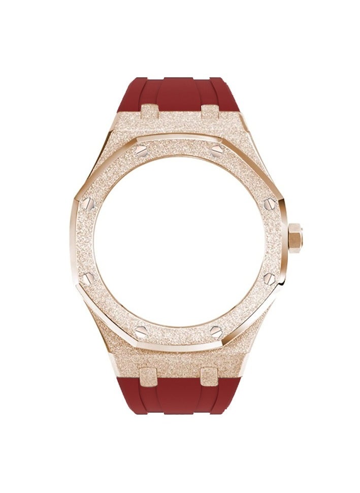 AROAQ GA2100 Metal Watch Band Case Replacement Kit, Stainless Steel Strap Bezel Accessories, Frosted Surface Stainless Steel Bracelet Case Mod For Shock, (Frost Gold Rose Gold Shell Red Tape)  - Image 1