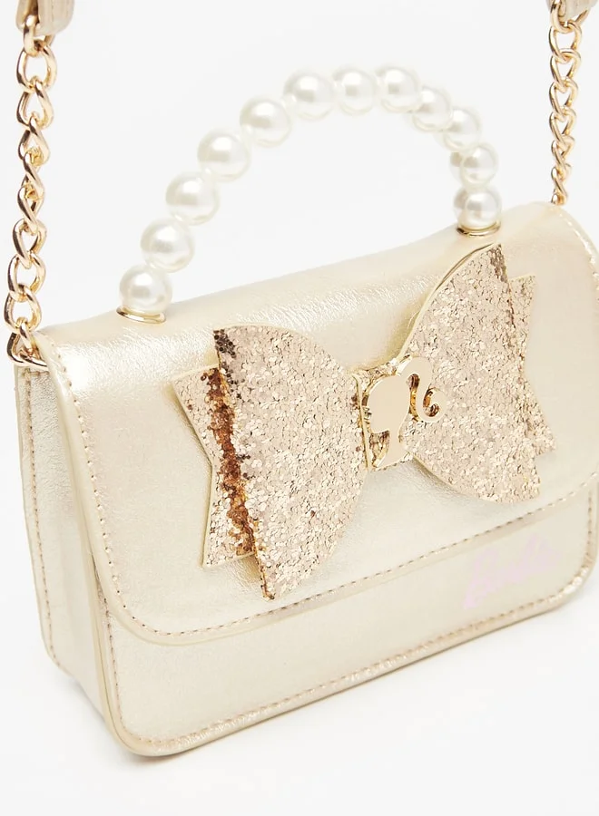 Barbie Girls Bow Embellished Crossbody Bag with Pearl Handle and Magnetic Button Closure