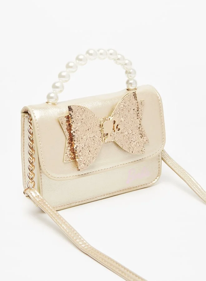 Barbie Girls Bow Embellished Crossbody Bag with Pearl Handle and Magnetic Button Closure
