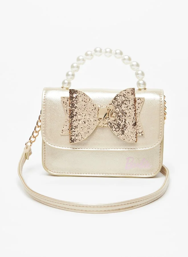 Barbie Girls Bow Embellished Crossbody Bag with Pearl Handle and Magnetic Button Closure