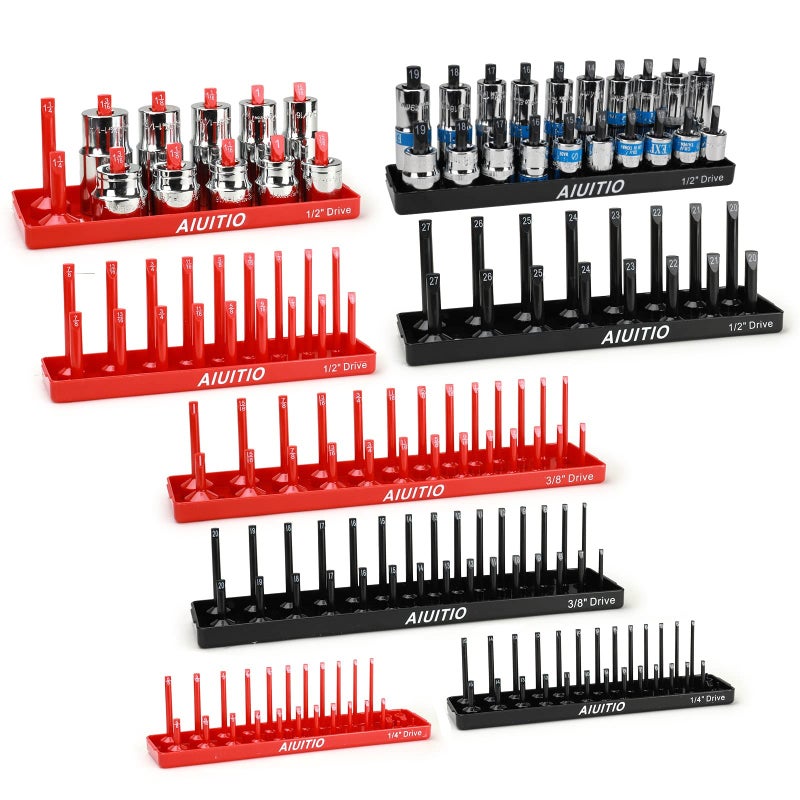 8 Piece Metric  SAE Socket Organizer Tray Set 14Inch 38Inch  12Inch Drive Standard  Deep Socket Holders for Toolboxes Store 176 Sockets