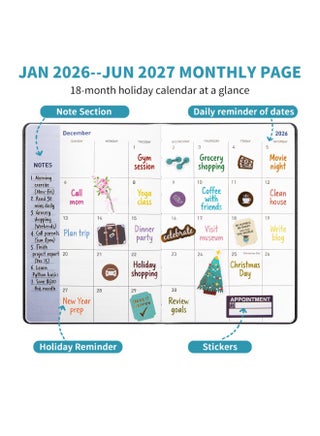 Planner Notebook 2026-2027, Month Weekly Planner Runs JAN 2026 to JUNE 2027, 2026-2027 Planner with Pen Loop, Back Pocket and Stickers, 18 Months Planner, Monthly Planners 2026-2027 - view 4