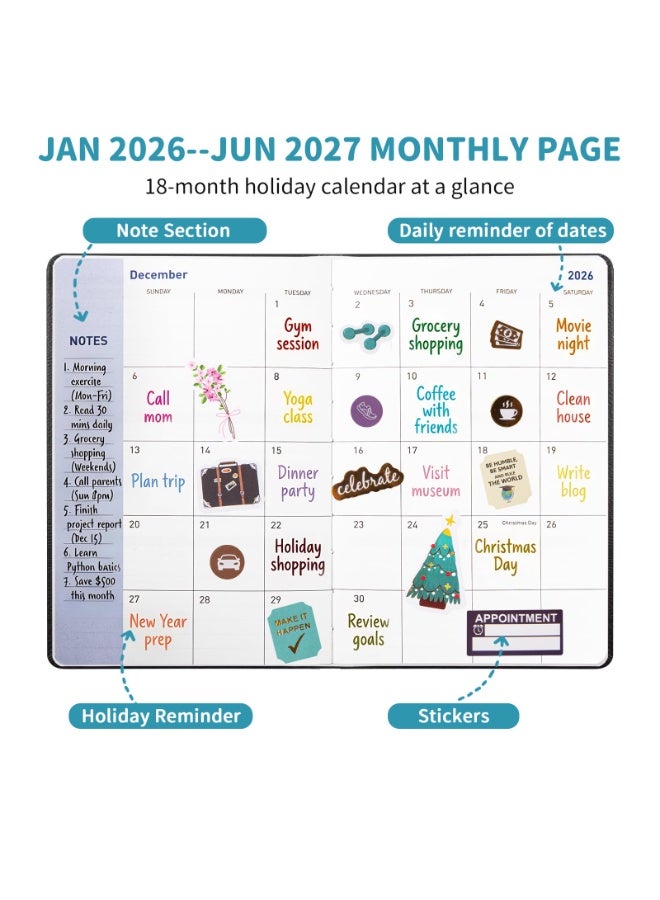 كيلا دفتر تخطيط 2026-2027، مخطط شهري أسبوعي من يناير 2026 إلى يونيو 2027، مخطط 2026-2027 مع حلقة قلم وجيب خلفي وملصقات، مخطط 18 شهرًا، مخططات شهرية 2026-2027 - Image 4