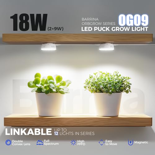 Barrina Orbgrow OG09 Puck Grow Light, 5000K 18W(2 x 9W, 270 Watt Equiv), Full Spectrum Plant Light for Indoor Plants, Magnetic & Linkable with Timer, 5 Levels Dimmable for Plant Shelf, 2 Packs - Image 3