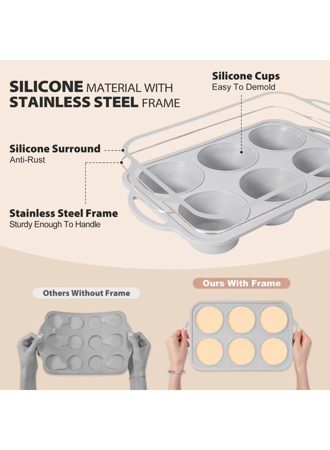 Vnray Jumbo Silicone Muffin Pan with Metal Frame, Non Stick Silicone Cupcake Pan with Handles 6 Cup, BPA Free Silicon Muffin Tin Tray Extra Large for baking, egg bites, Cupcake Mold Light Grey - Image 4
