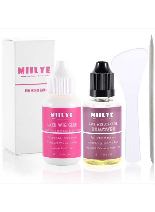 MIILYE Wig Adhesive and Glue Remover Set, Invisible Waterproof MIILYE Hair Replacement Bonding Glue + Solvent, Light Hold for Lace Front Wig and Poly Hairpieces, Toupee, Cosmetic Hair Systems - Image 1