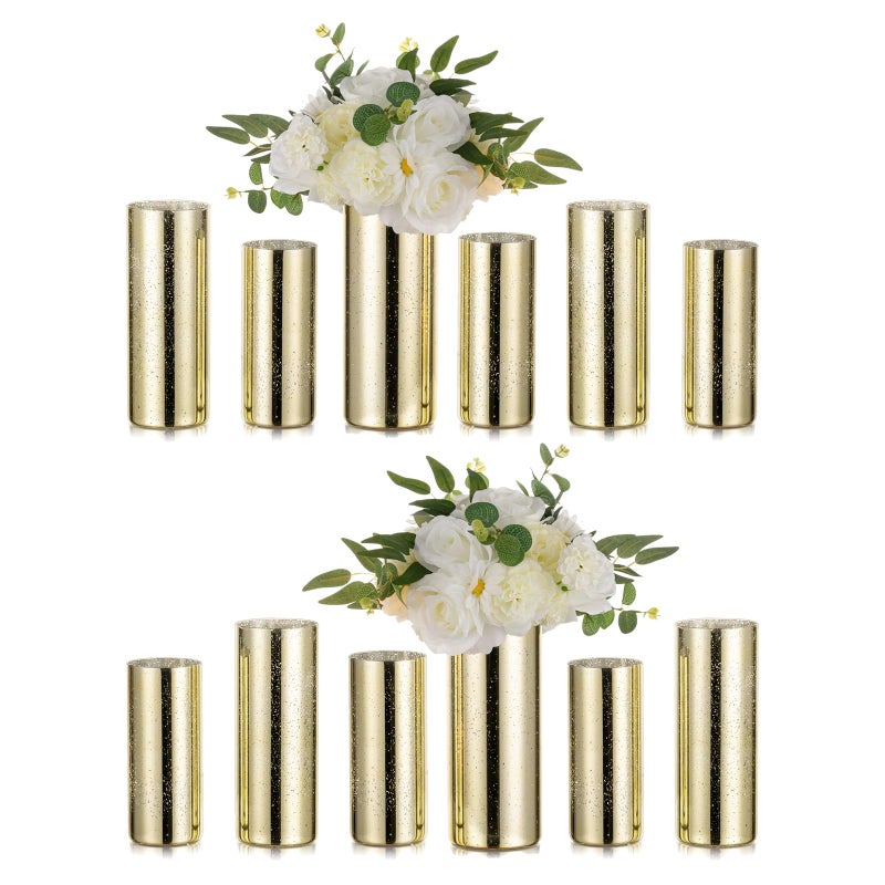 Glass Cylinder Vases Set of 12 Hewory Glittery Gold Vase for Centerpieces Glass Hurricane Candle Holders for Pillar Floating Candle Tall Round Vase for Wedding Anniversary Events Home Table Decor