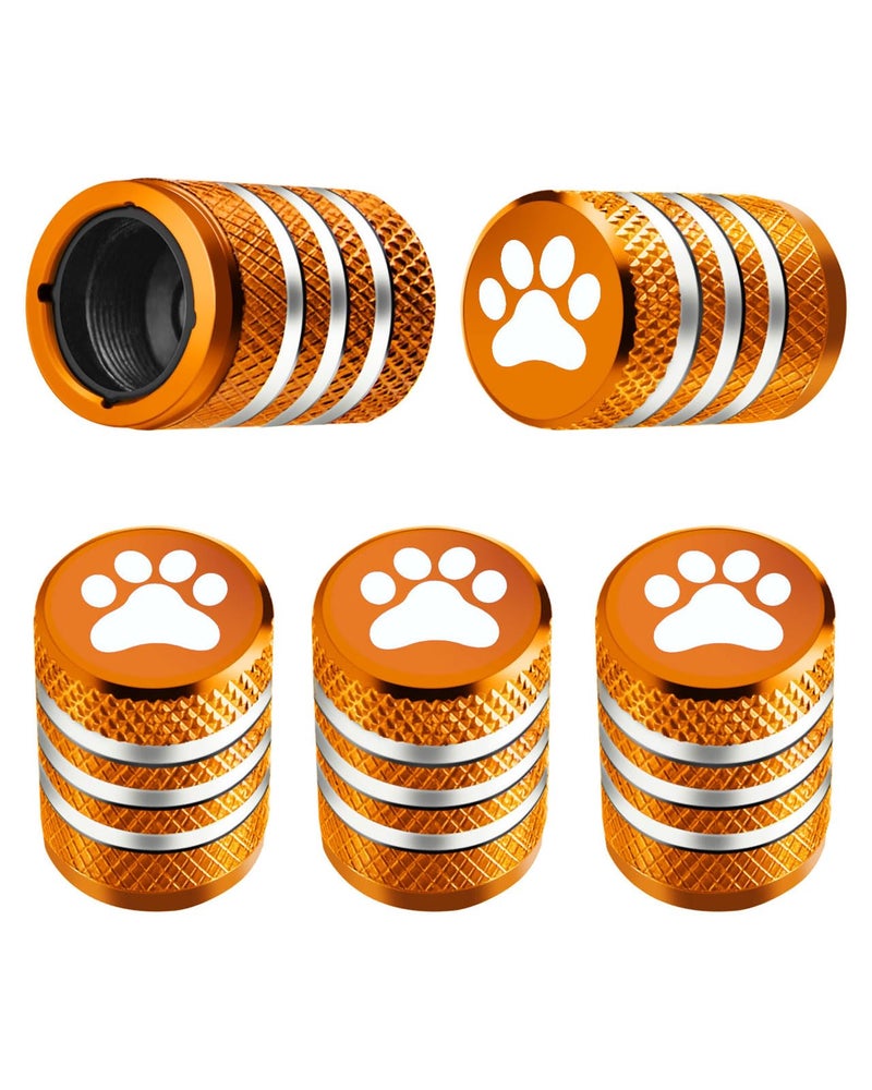 Tire Valve Stem Caps Cover  5 Pack Tire Air Caps Metal with Plastic Liner Corrosion Resistant LeakProof Dog Paw Print for Car Truck Motorcycle Bike Orange