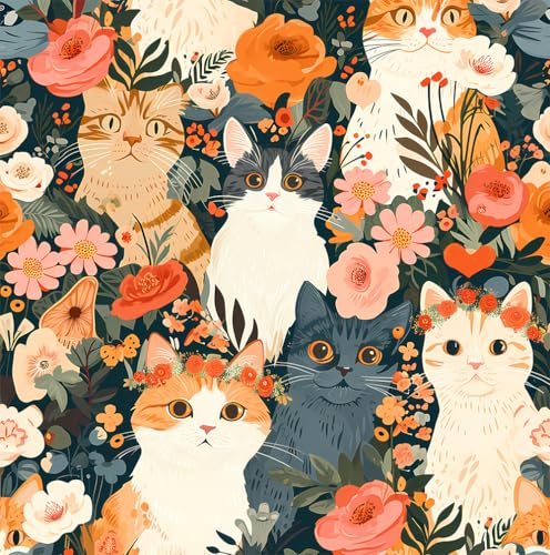 REDAMANCY Cute Dark GreyBlackBeige Cat Pink Orange Flowers Garden Peel and Stick Wallpaper Stick on Contact Paper Vintage Wall Paper Easy Peel Off for nightstand Drawer Cabinet Renter