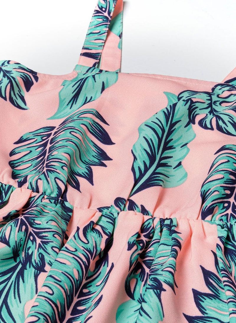 مينوتي فستان بناتي صيفي بدون أكمام بطبعة أوراق استوائية - Image 4