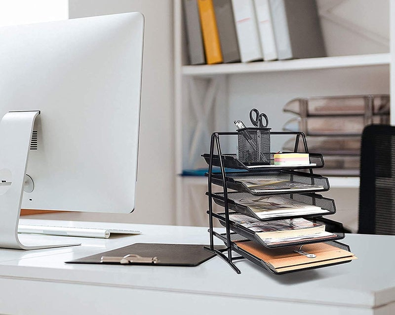 DIVHUK Desktop Bookshelf Magazine Organizer 5 Compartment Plastic Frames File Holder Dividers Document Cabinet Rack Storage Box for Office Home School (Black Metal - 5 Tier) - Image 4