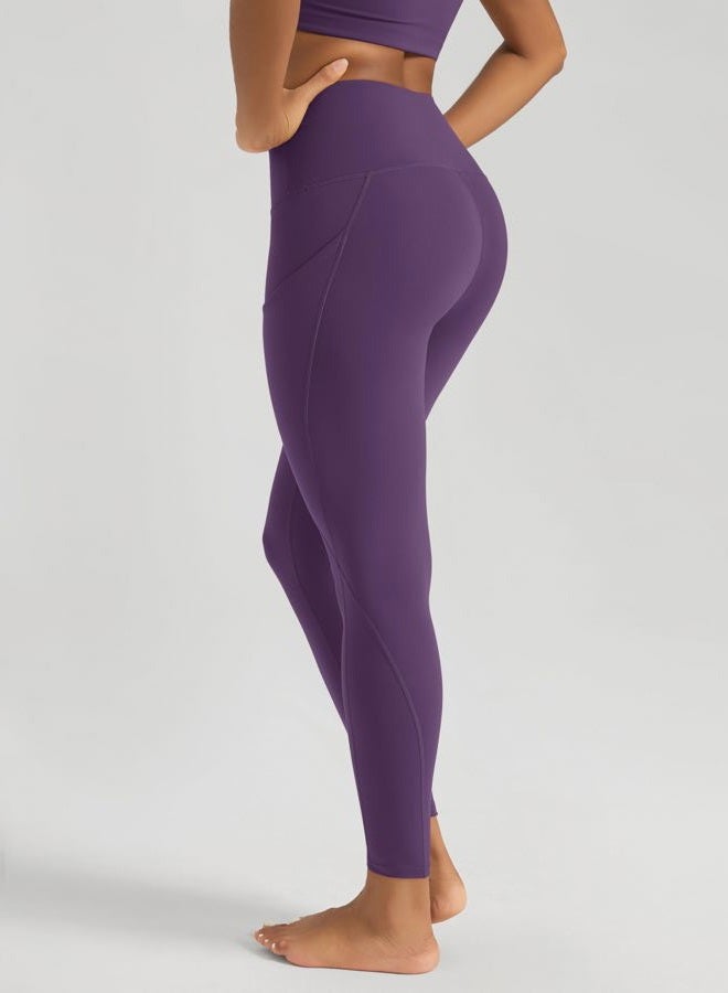 ODODOS Women's High Waisted Yoga Leggings with Pockets, Tummy Control Non See Through Workout Athletic Running Yoga Pants, Deep Purple, M - Image 2