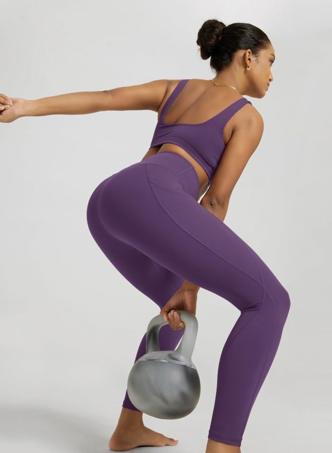 ODODOS Women's High Waisted Yoga Leggings with Pockets, Tummy Control Non See Through Workout Athletic Running Yoga Pants, Deep Purple, M - Image 4