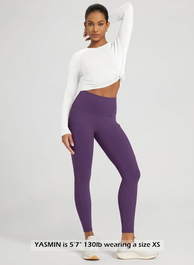 ODODOS Women's High Waisted Yoga Leggings with Pockets, Tummy Control Non See Through Workout Athletic Running Yoga Pants, Deep Purple, M - Image 3