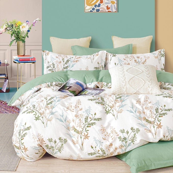 NATURAL COTTON 3PCS BOTANICAL COMFORTER SETS KING SIZEGREEN COMFORTER WITH LUXURIOUS TAN GRAY LEAVES ON WHITE REVERSIBLE LIGHTWEIGHT FLORAL BEDDING SETSKING 10490
