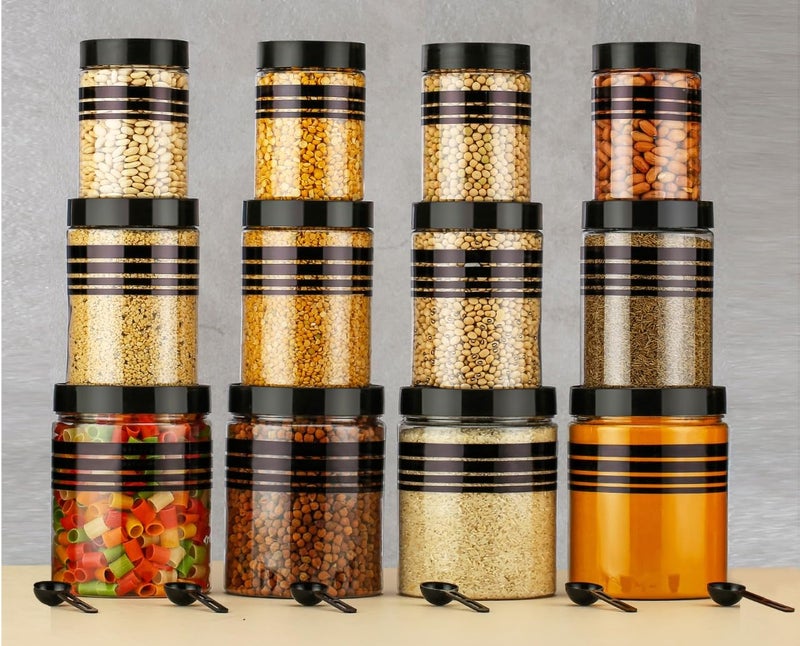 SHRUTI Plastic Airtight Heavy Quality Printed Design Container Set Kitchen Storage with Spoons Kitchen Dabba Set Grocery Box with Different Capacities Set of 12 1200 650 350 ML Black - Image 5