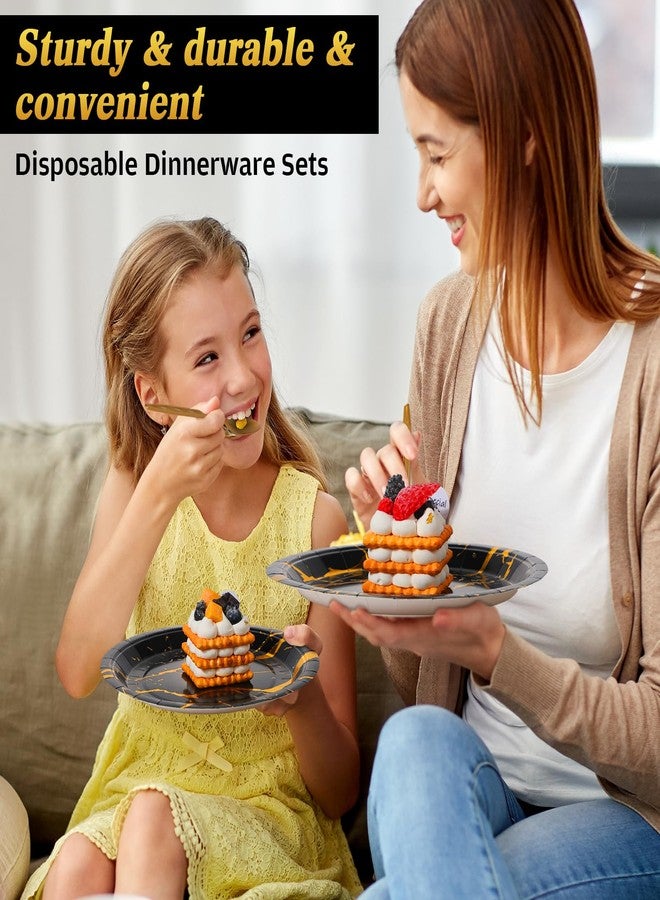 FoldTier 350 Pcs Black and Gold Disposable Dinnerware Set for 50 Guests, Include 100 Paper Plates 50 Napkins 50 Cups 50 Gold Plastic Cutlery Set, Marble Design Dinnerware for Party Wedding - Image 4