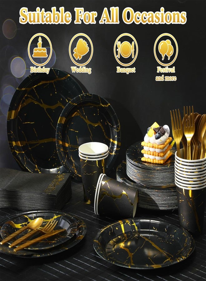 FoldTier 350 Pcs Black and Gold Disposable Dinnerware Set for 50 Guests, Include 100 Paper Plates 50 Napkins 50 Cups 50 Gold Plastic Cutlery Set, Marble Design Dinnerware for Party Wedding - Image 5