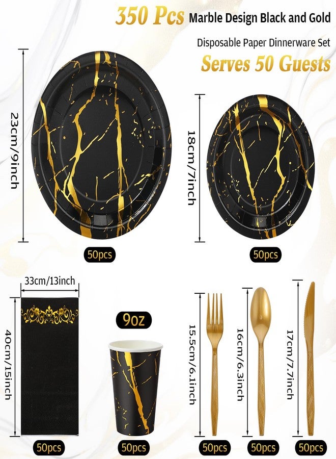 FoldTier 350 Pcs Black and Gold Disposable Dinnerware Set for 50 Guests, Include 100 Paper Plates 50 Napkins 50 Cups 50 Gold Plastic Cutlery Set, Marble Design Dinnerware for Party Wedding - Image 2