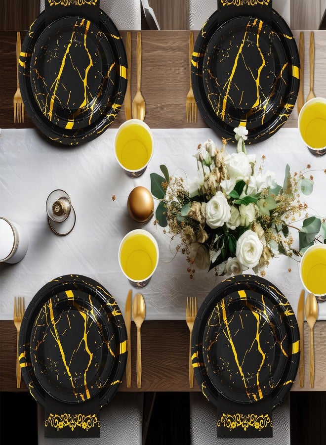 FoldTier 350 Pcs Black and Gold Disposable Dinnerware Set for 50 Guests, Include 100 Paper Plates 50 Napkins 50 Cups 50 Gold Plastic Cutlery Set, Marble Design Dinnerware for Party Wedding - Image 3