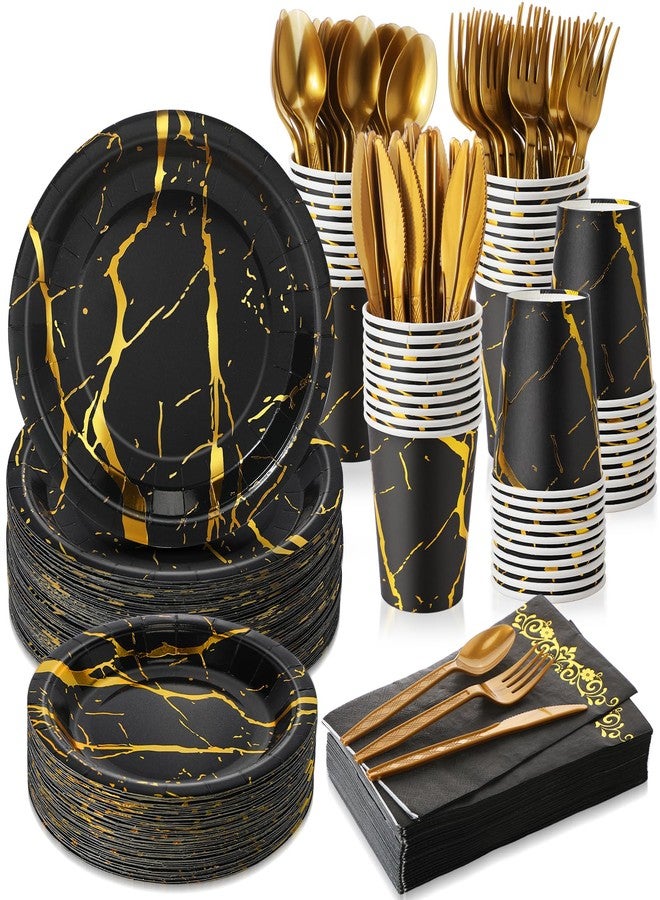 FoldTier 350 Pcs Black and Gold Disposable Dinnerware Set for 50 Guests, Include 100 Paper Plates 50 Napkins 50 Cups 50 Gold Plastic Cutlery Set, Marble Design Dinnerware for Party Wedding - Image 1