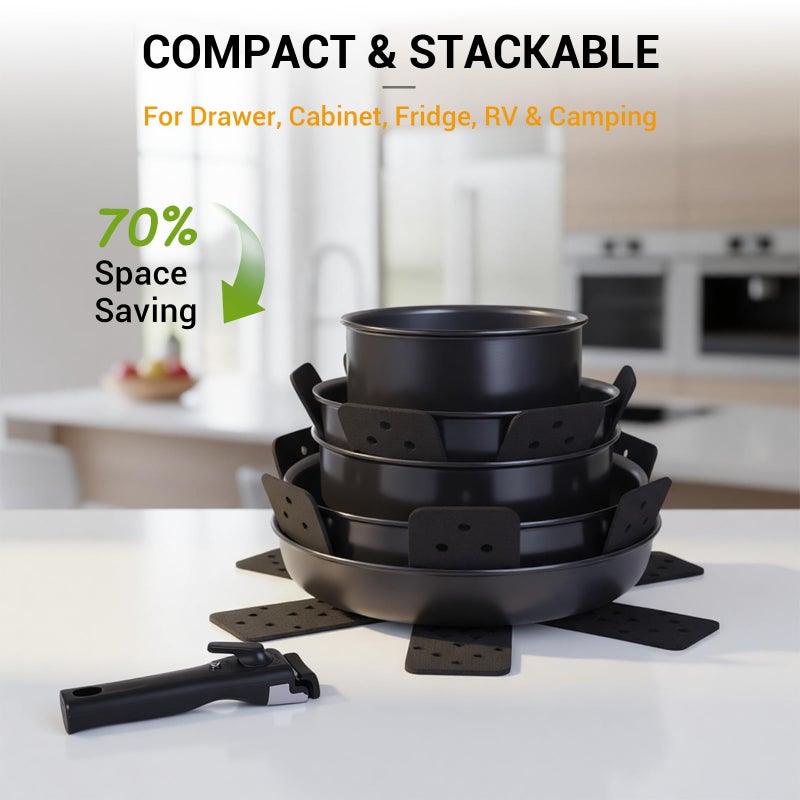 Ammeloo 18 Pcs Ceramic Pots and Pans Set Non Stick Kitchen Cookware Set with Detachable Handle, Non Toxic Cooking Set with Removable Handle for RVs, Camping, Fridge, Dishwasher/Oven Safe - Image 4