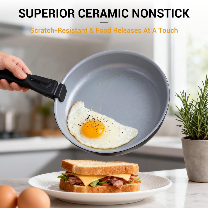 Ammeloo 18 Pcs Ceramic Pots and Pans Set Non Stick Kitchen Cookware Set with Detachable Handle, Non Toxic Cooking Set with Removable Handle for RVs, Camping, Fridge, Dishwasher/Oven Safe - Image 3