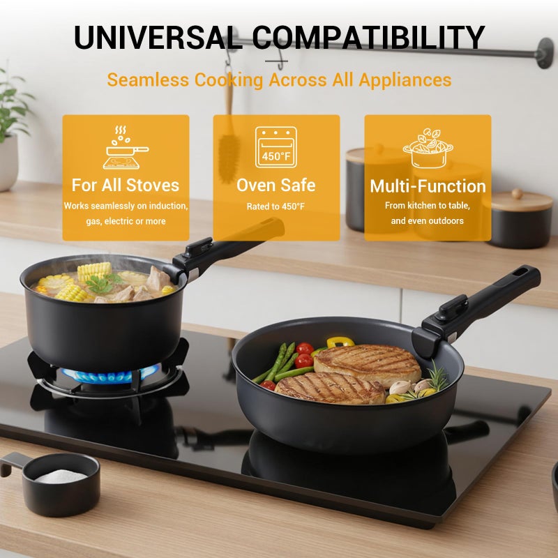 Ammeloo 18 Pcs Ceramic Pots and Pans Set Non Stick Kitchen Cookware Set with Detachable Handle, Non Toxic Cooking Set with Removable Handle for RVs, Camping, Fridge, Dishwasher/Oven Safe - Image 5