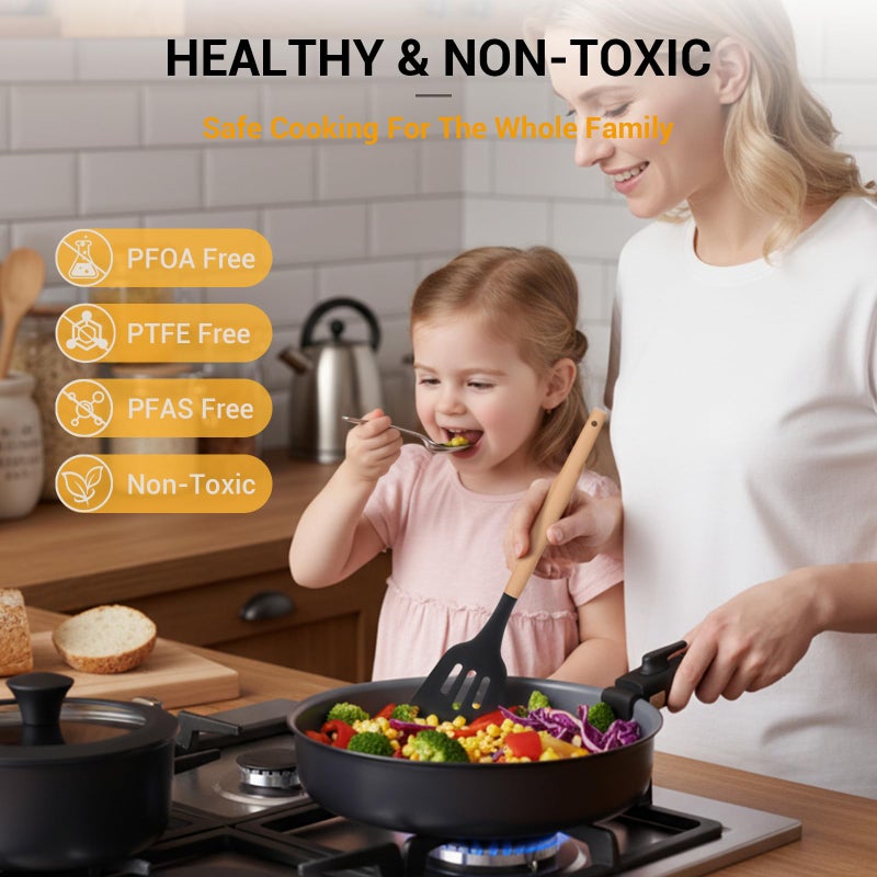 Ammeloo 18 Pcs Ceramic Pots and Pans Set Non Stick Kitchen Cookware Set with Detachable Handle, Non Toxic Cooking Set with Removable Handle for RVs, Camping, Fridge, Dishwasher/Oven Safe - Image 2