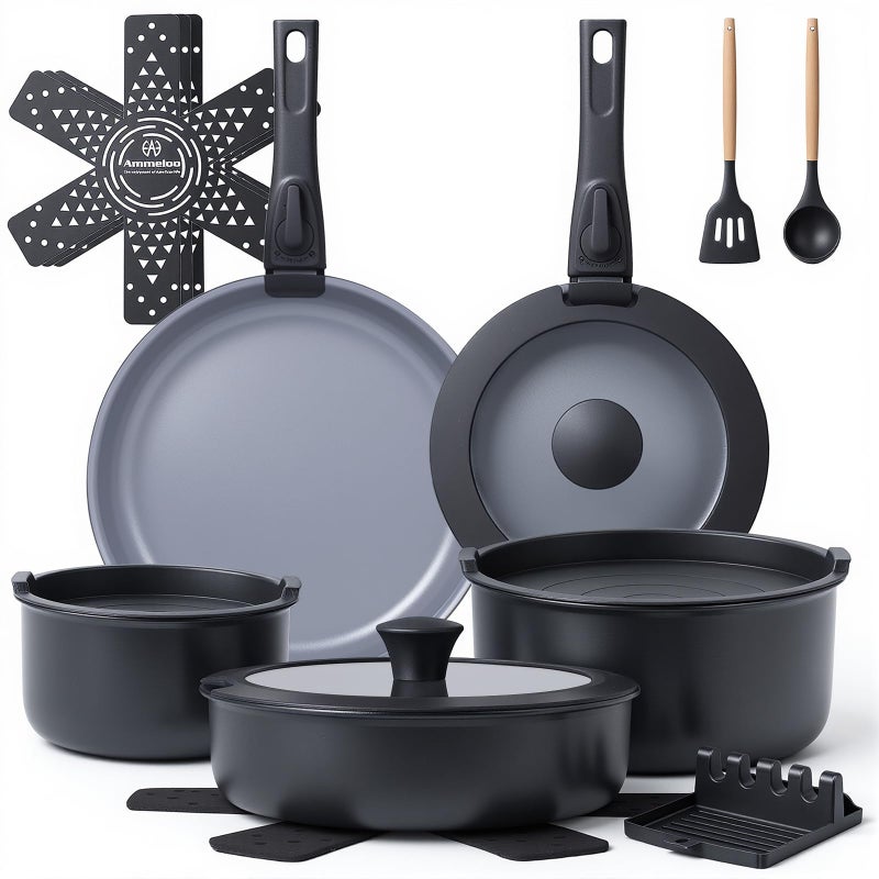 Ammeloo 18 Pcs Ceramic Pots and Pans Set Non Stick Kitchen Cookware Set with Detachable Handle, Non Toxic Cooking Set with Removable Handle for RVs, Camping, Fridge, Dishwasher/Oven Safe - Image 1