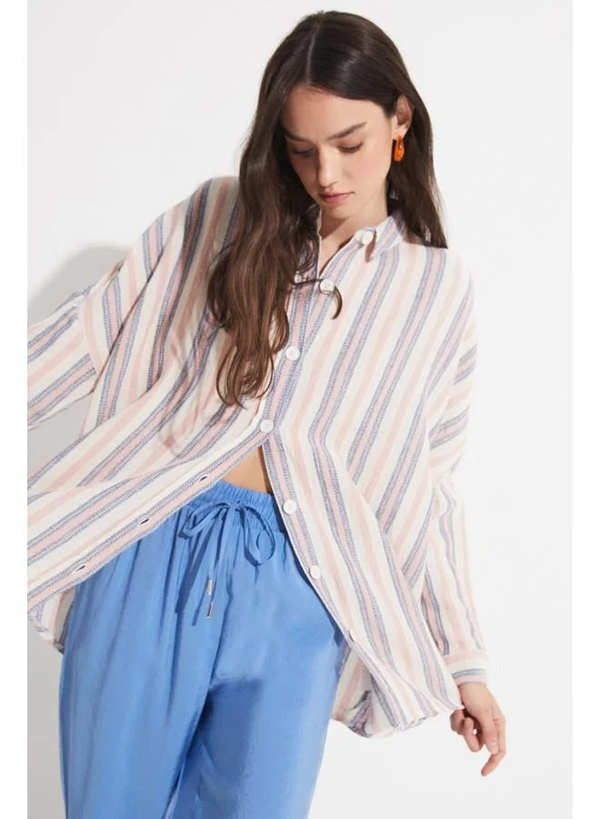 JUNE June Exclusive 100% Cotton Striped Shirt Beige