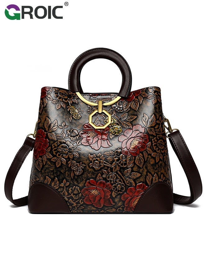 Floral Embossed Leather Handbags for Women – Detachable Strap Top Handle Bucket Hobo Tote with Zipper Closure, Large Shoulder Purse for Everyday Use - Image 1