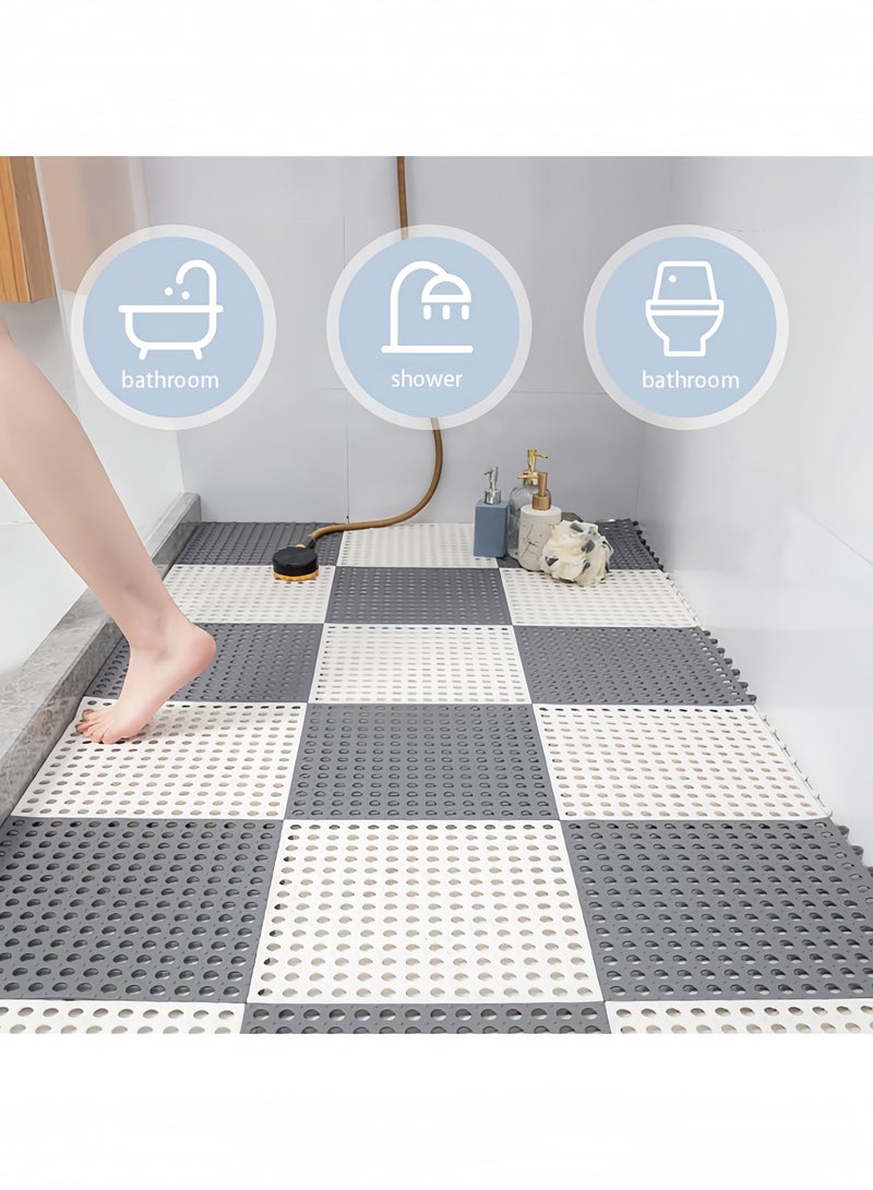 جيجيرو سجادة أرضية مانعة للانزلاق، سجاد حمام، بلاط أرضيات تصريف متشابك، عبوة من 12 سجادة حمام مربعة متداخلة مع فتحات تصريف، سجادة وسادة متداخلة مع بلاط أرضيات تصريف 30*30 سم، رمادي - Image 4