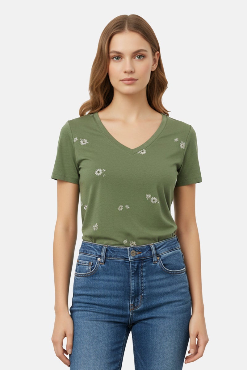 GAP Women V-Neck Short Sleeve Allover Print T-Shirt, Green - Image 1