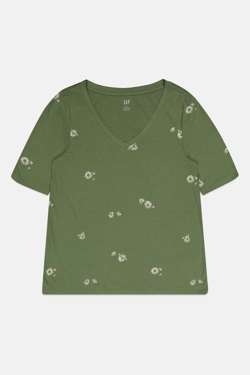 GAP Women V-Neck Short Sleeve Allover Print T-Shirt, Green - Image 2