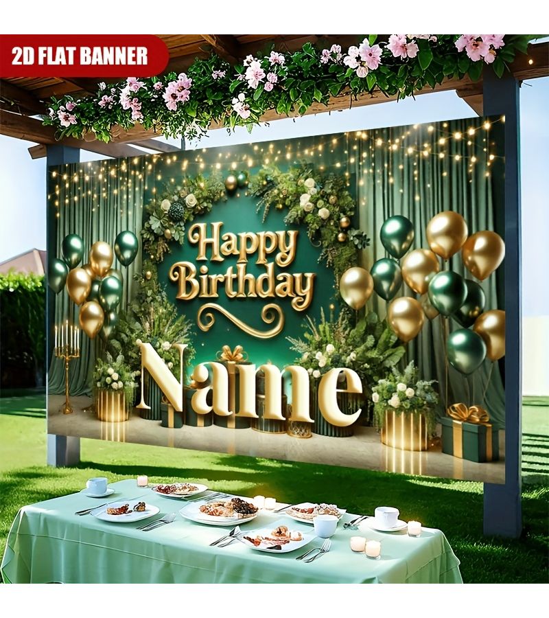 2D Flat Personalized Custom Name Happy Birthday Party Backdrop Elegant Green Floral And Golden Balloon Design Large Round Light Wall Tapestry 210x400cm 82.6x157.4inch For Indoor Outdoor Celebrations N