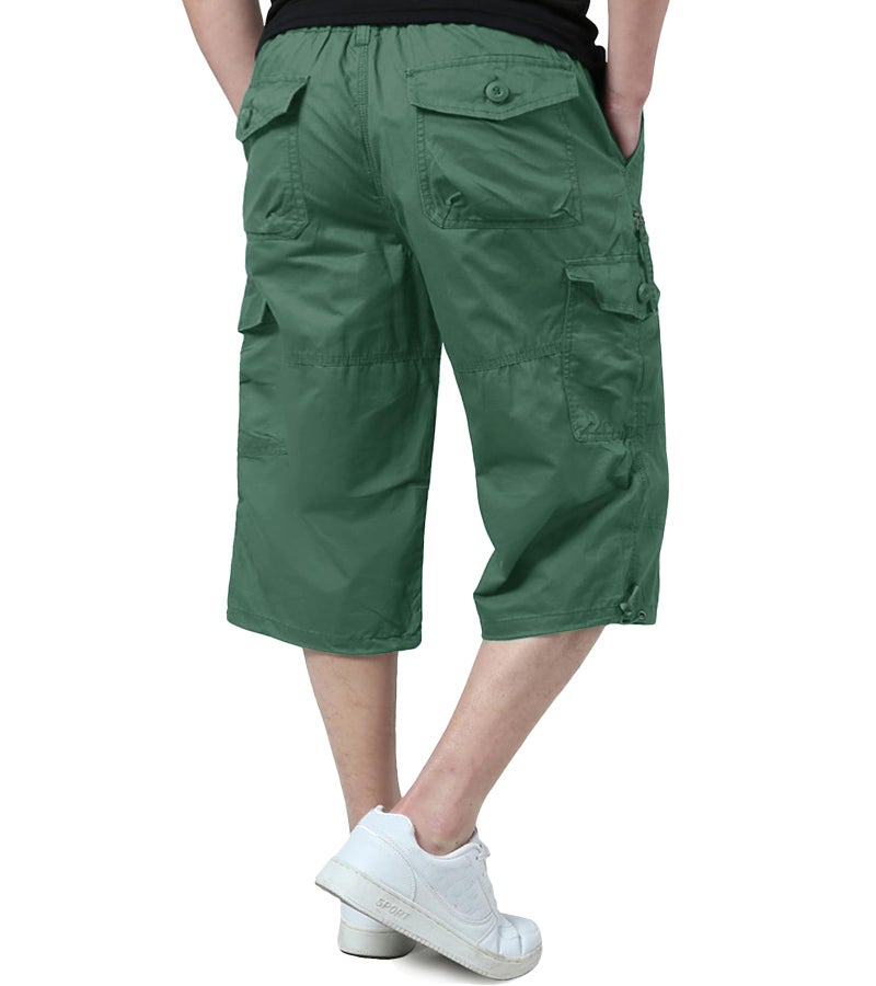 EKLENTSON Men's Shorts Pockets Relaxed Fit Stretch Waist Cargo Work Utility Shorts for Men Casual Capris for Men, Pea Green, 32 - Image 3