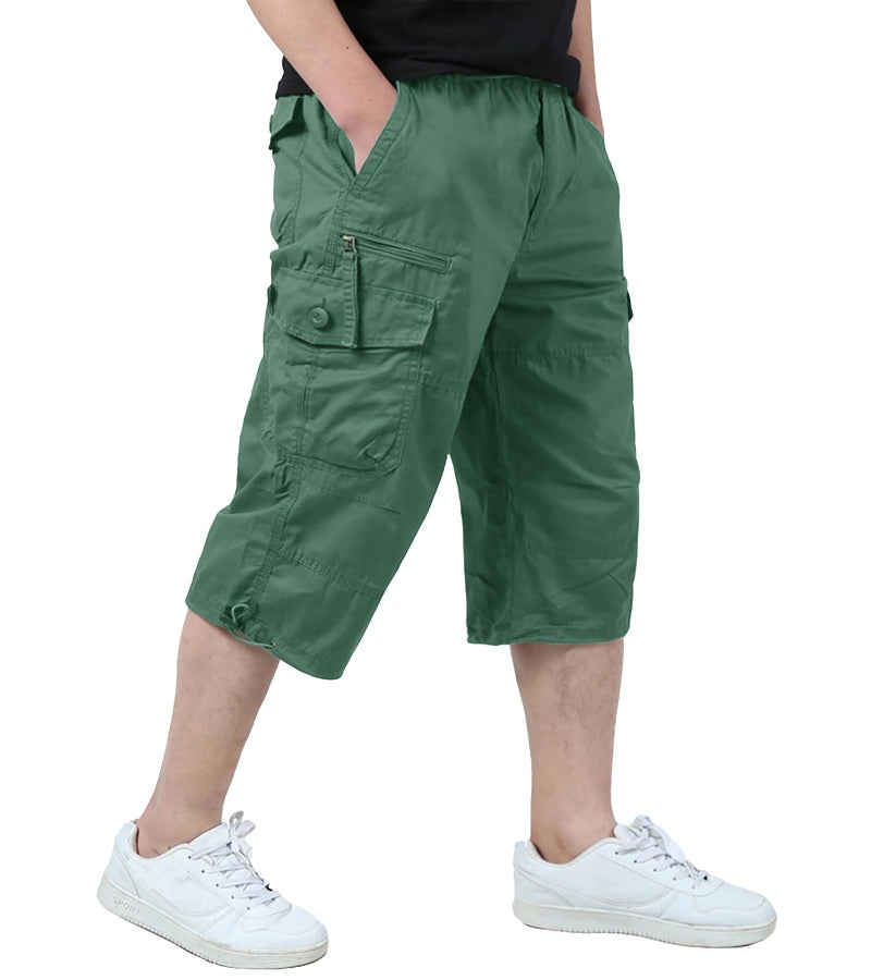 EKLENTSON Men's Shorts Pockets Relaxed Fit Stretch Waist Cargo Work Utility Shorts for Men Casual Capris for Men, Pea Green, 32 - Image 1